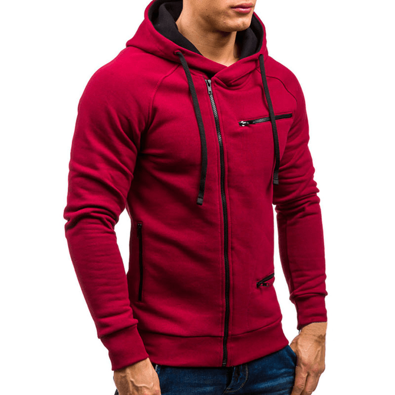 Red solid color zipper hoodie for men, long sleeves, perfect for casual wear or gym, SF1225.